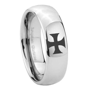 8mm Maltese Cross Mirror Dome Tungsten Carbide Mens Ring Engraved