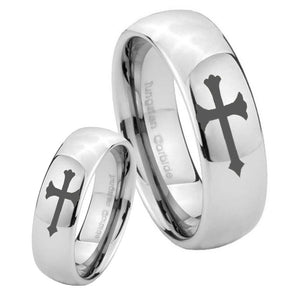 Bride and Groom Christian Cross Mirror Dome Tungsten Mens Wedding Ring Set