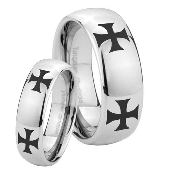 Bride and Groom 4 Maltese Cross Mirror Dome Tungsten Carbide Bands Ring Set