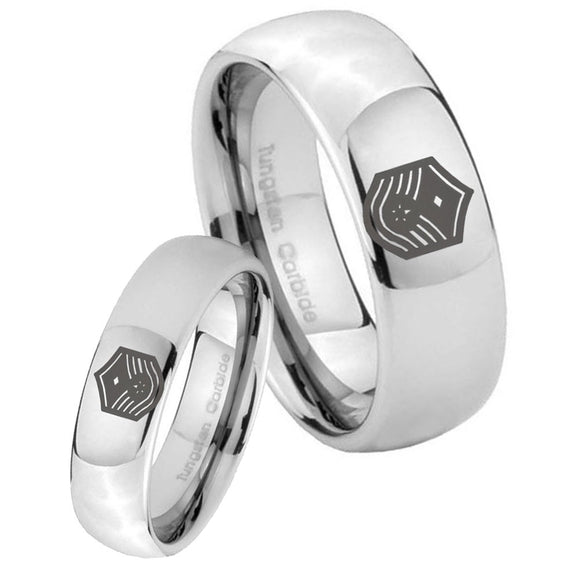 His Hers Chief Master Sergeant Vector Mirror Dome Tungsten Mens Wedding Ring Set