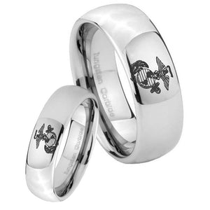 Bride and Groom Marine Mirror Dome Tungsten Carbide Mens Promise Ring Set