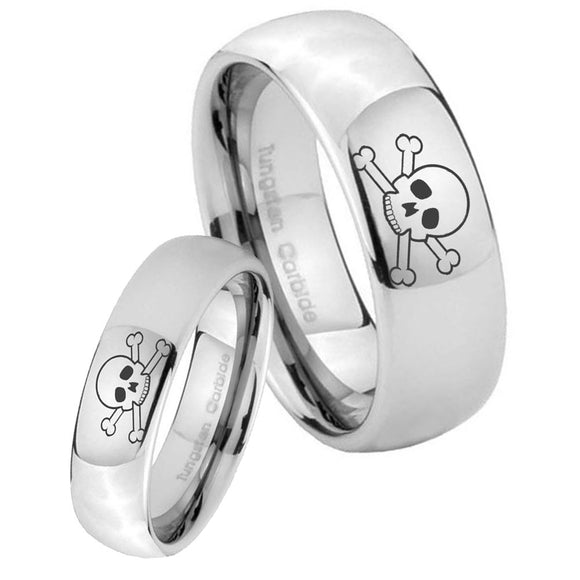 Bride and Groom Skull Mirror Dome Tungsten Carbide Mens Bands Ring Set