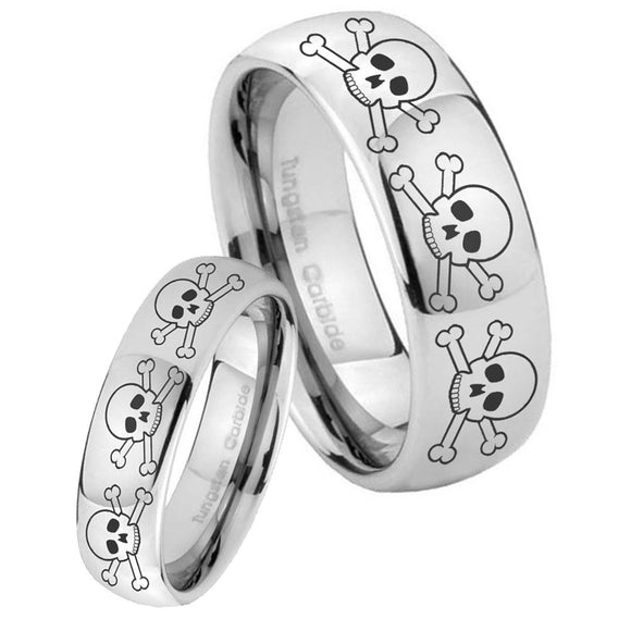 Bride and Groom Multiple Skull Mirror Dome Tungsten Carbide Men's Bands Ring Set