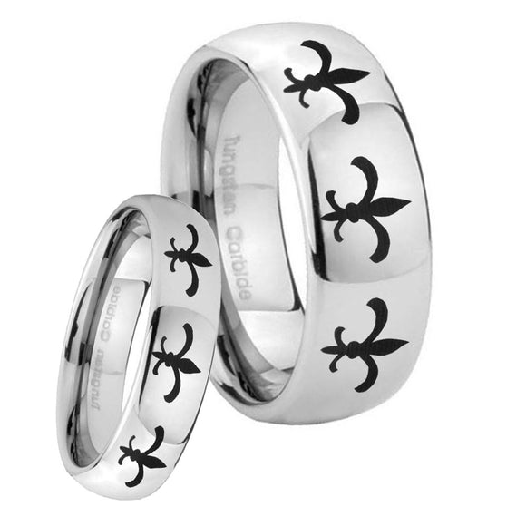 His and Hers Multiple Fleur De Lis Mirror Dome Tungsten Engagement Ring Set