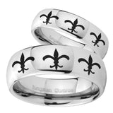 His and Hers Multiple Fleur De Lis Mirror Dome Tungsten Engagement Ring Set