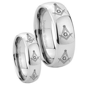 His Hers Multiple Master Mason Masonic Mirror Dome Tungsten Men's Ring Set