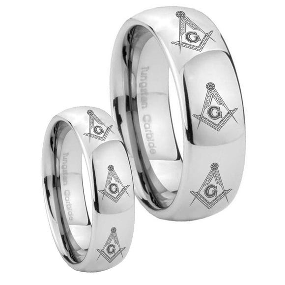 His Hers Multiple Master Mason Masonic Mirror Dome Tungsten Men's Ring Set