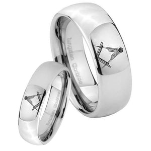 Bride and Groom Masonic Mirror Dome Tungsten Carbide Men's Wedding Ring Set