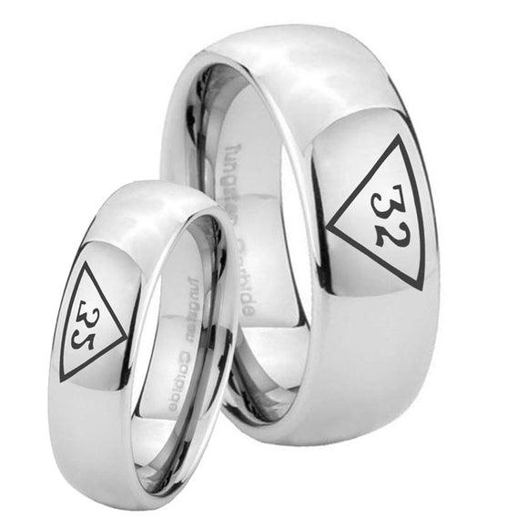 Bride and Groom Masonic 32 Triangle Freemason Mirror Dome Tungsten Carbide Custom Mens Ring Set