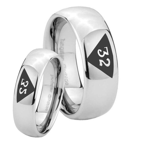 Bride and Groom Masonic 32 Triangle Design Freemason Mirror Dome Tungsten Carbide Custom Mens Ring Set