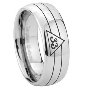 8mm Masonic 32 Duo Line Freemason Mirror Dome Tungsten Carbide Mens Ring Personalized