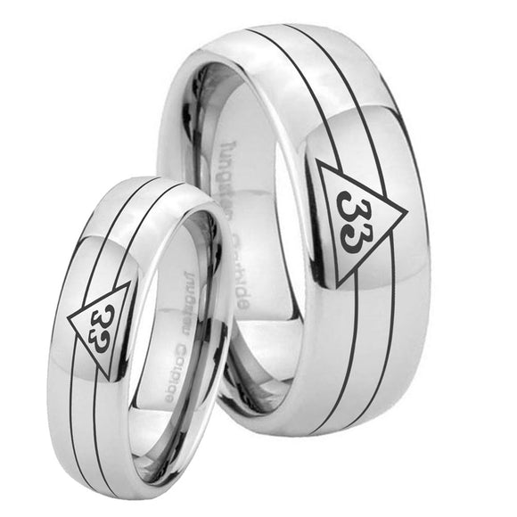 Bride and Groom Masonic 32 Duo Line Freemason Mirror Dome Tungsten Carbide Custom Mens Ring Set