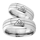 Bride and Groom Masonic 32 Duo Line Freemason Mirror Dome Tungsten Carbide Custom Mens Ring Set