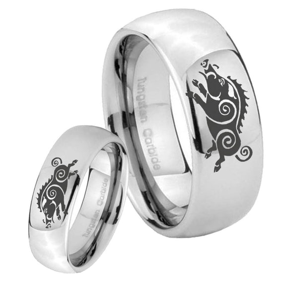 His and Hers Wild Boar Mirror Dome Tungsten Mens Ring Personalized Set