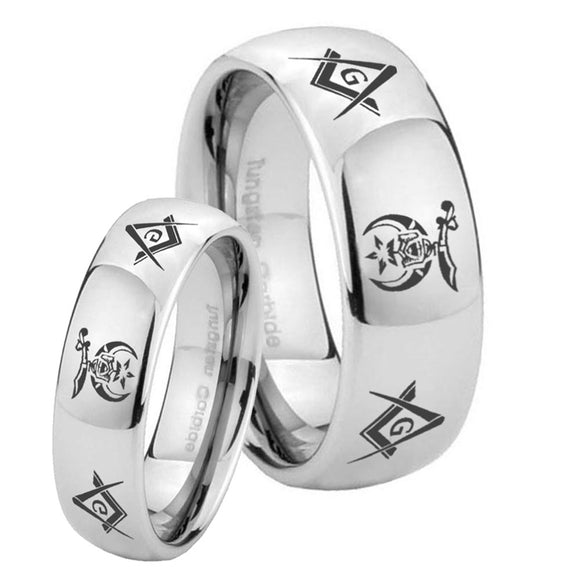 Bride and Groom Masonic Shriners Mirror Dome Tungsten Mens Bands Ring Set