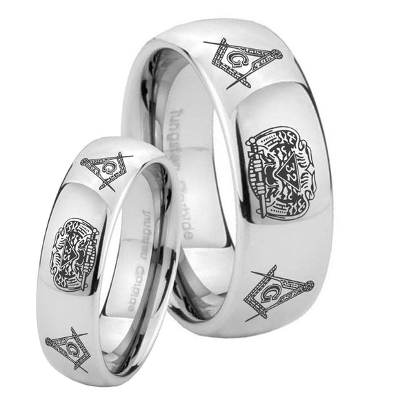 Bride and Groom Masonic 32 Design Mirror Dome Tungsten Carbide Mens Ring Set