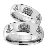 Bride and Groom Masonic 32 Design Mirror Dome Tungsten Carbide Mens Ring Set