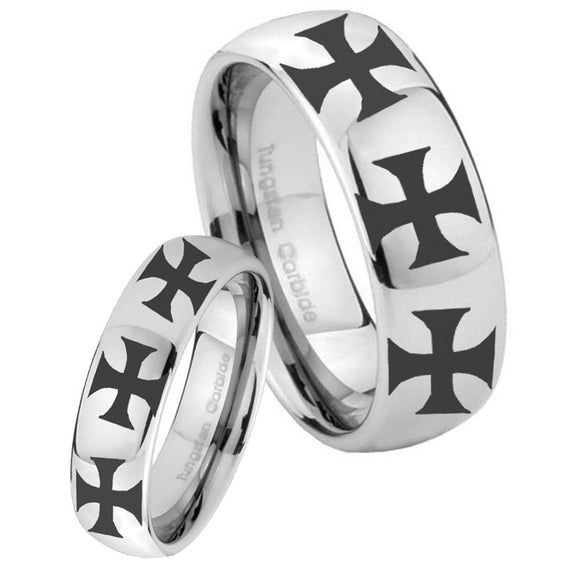His Hers Multiple Maltese Cross Mirror Dome Tungsten Wedding Engagement Ring Set
