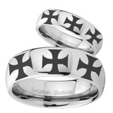 His Hers Multiple Maltese Cross Mirror Dome Tungsten Wedding Engagement Ring Set