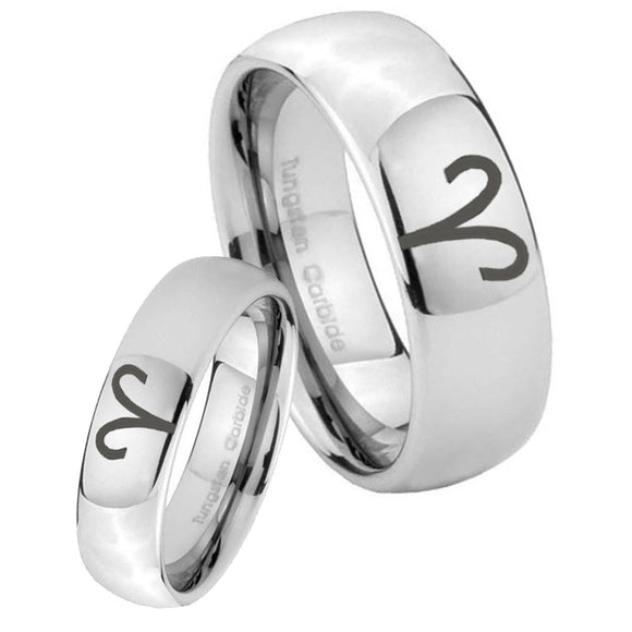 Bride and Groom Aries Zodiac Mirror Dome Tungsten Men's Promise Rings Set