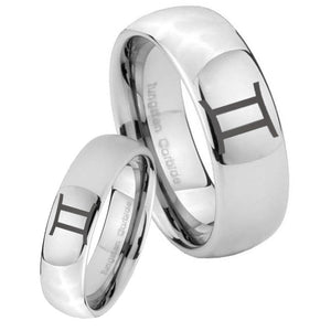 Bride and Groom Gemini Zodiac Mirror Dome Tungsten Mens Ring Engraved Set