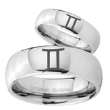 Bride and Groom Gemini Zodiac Mirror Dome Tungsten Mens Ring Engraved Set