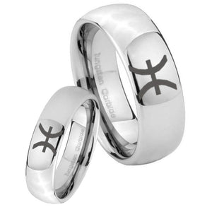 Bride and Groom Pisces Zodiac Mirror Dome Tungsten Men's Wedding Band Set