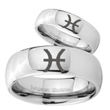 Bride and Groom Pisces Zodiac Mirror Dome Tungsten Men's Wedding Band Set