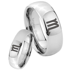 Bride and Groom Scorpio Horoscope Mirror Dome Tungsten Men's Wedding Ring Set