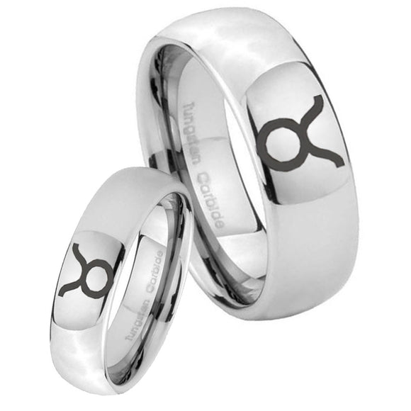Bride and Groom Taurus Horoscope Mirror Dome Tungsten Personalized Ring Set