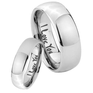 Bride and Groom I Love You Mirror Dome Tungsten Wedding Engraving Ring Set