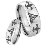 His Hers Celtic Triangle Fleur De Lis Mirror Dome Tungsten Anniversary Ring Set