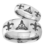 His Hers Celtic Triangle Fleur De Lis Mirror Dome Tungsten Anniversary Ring Set