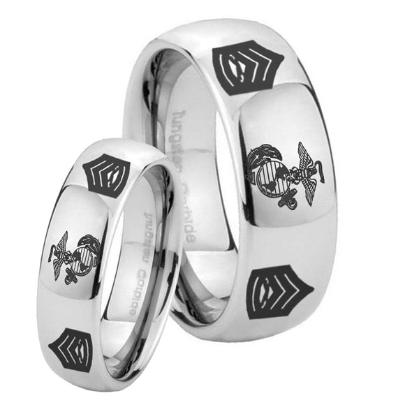 Bride and Groom Marine Army Sergeant Mirror Dome Tungsten Carbide Mens Wedding Band Set