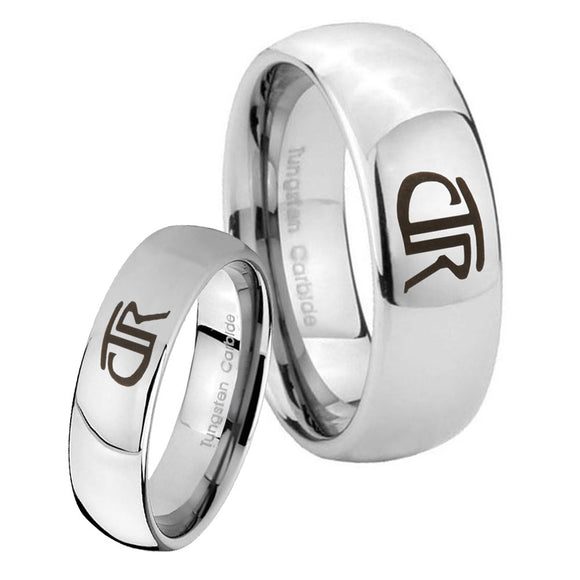 Bride and Groom CTR Mirror Dome Tungsten Carbide Bands Ring Set