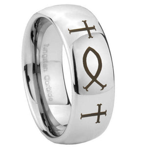 10mm Fish & Cross Mirror Dome Tungsten Carbide Custom Ring for Men