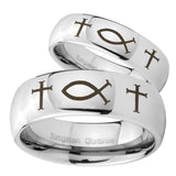 Bride and Groom Fish & Cross Mirror Dome Tungsten Carbide Engraved Ring Set