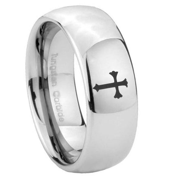 8mm Flat Christian Cross Mirror Dome Tungsten Carbide Men's Wedding Ring