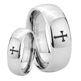 His Hers Flat Christian Cross Mirror Dome Tungsten Mens Anniversary Ring Set