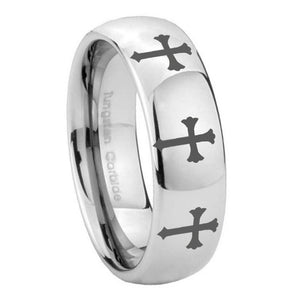 8mm Multiple Christian Cross Mirror Dome Tungsten Carbide Mens Wedding Band