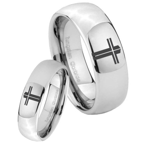 Bride and Groom Flat Christian Cross Mirror Dome Tungsten Engagement Ring Set