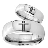 Bride and Groom Flat Christian Cross Mirror Dome Tungsten Engagement Ring Set