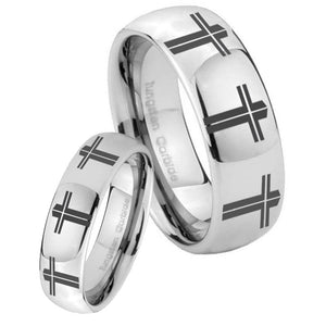 His and Hers Multiple Christian Cross Mirror Dome Tungsten Engraved Ring Set