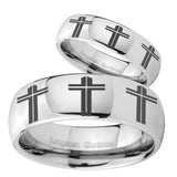 His and Hers Multiple Christian Cross Mirror Dome Tungsten Engraved Ring Set