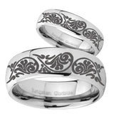 His Hers Etched Tribal Pattern Mirror Dome Tungsten Mens Anniversary Ring Set