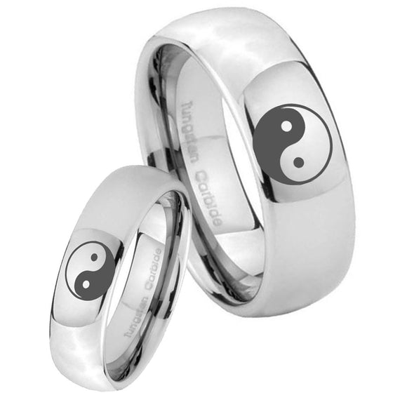 Bride and Groom Yin Yang Mirror Dome Tungsten Carbide Men's Engagement Band Set