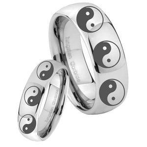 His and Hers Multiple Yin Yang Mirror Dome Tungsten Mens Engagement Ring Set