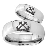 Bride and Groom Anchor Mirror Dome Tungsten Carbide Men's Promise Rings Set