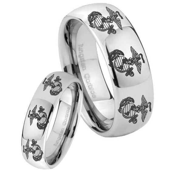 Bride and Groom Multiple Marine Mirror Dome Tungsten Carbide Men's Ring Set