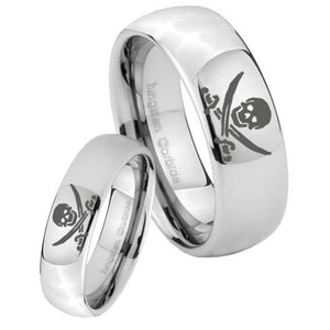 Bride and Groom Skull Pirate Mirror Dome Tungsten Carbide Men's Bands Ring Set